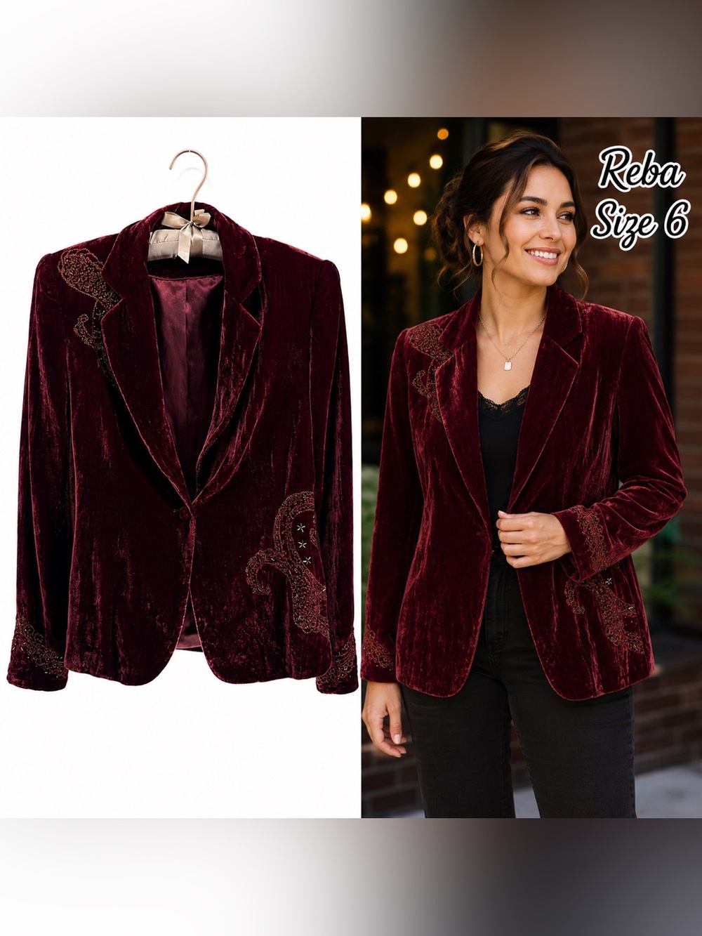 Reba Burgundy Velvet Embroidered Blazer Beaded Western Jacket Size 6 Evening
